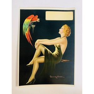 Vintage print Pin Up Flapper Girl & Parrot by Bradshaw Crandell